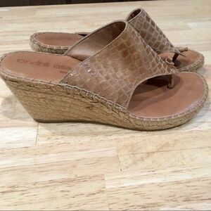 Andre assous thong wedge tan sandals. Leather